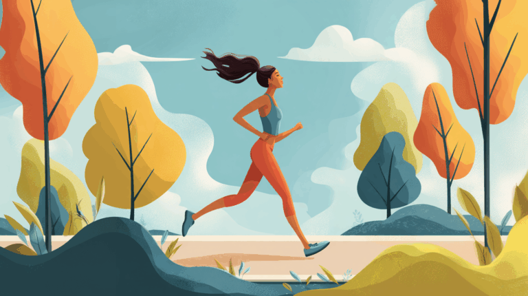Ilustração gerada por IA de uma mulher correndo em uma pista de caminhada