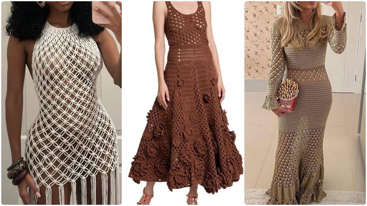 Mulheres sorrindo ao ar livre usando vestidos de crochê modernos e elegantes, em diferentes cores e estilos, representando moda artesanal e autêntica.