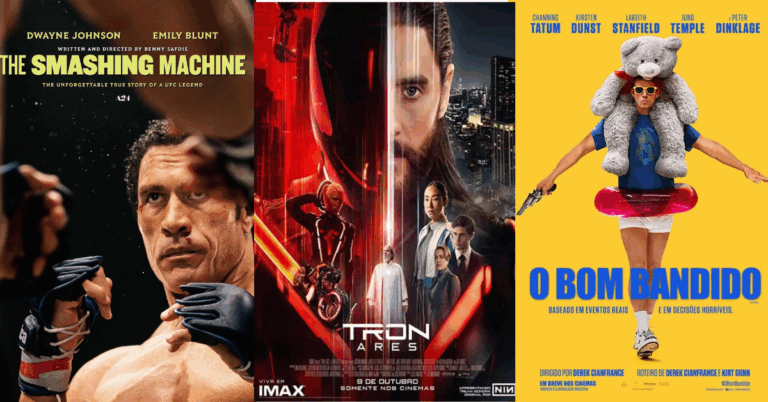 Filmes que estarão em cartaz nos cinemas no mês de outro. A esquerda Coração de Lutador , no centro "Tron: Ares" e na direita "O bom bandido"