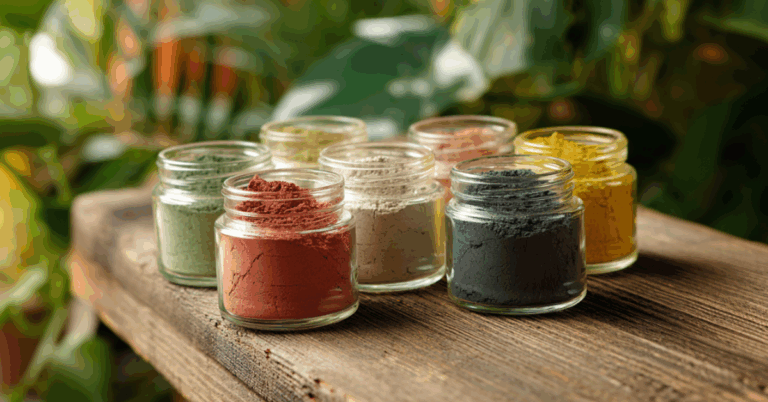 Seis vidros transparentes com diferentes cores de argila facial — verde, branca, rosa, vermelha, amarela e preta — organizados sobre uma mesa de madeira rústica, com plantas verdes ao fundo em ambiente natural e iluminado