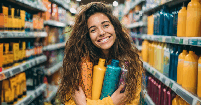 Imagem gerada por IA de uma mulher com 7 frascos de shampoos nos braços em um mercado