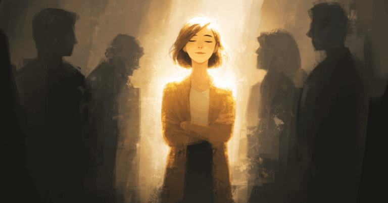 Ilustração gerada por IA de uma mulher protegida por uma luz simbolizando uma mulher com uma autoestima saudável blindada e convicta de seu valor pessoal não se importando com o ambiente externo
