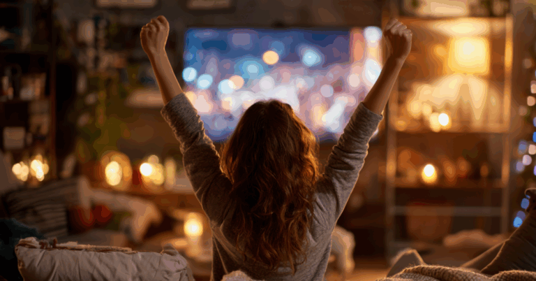 Imagem gerada por IA de mulher feliz e motivada após assistir filme feminino de superação