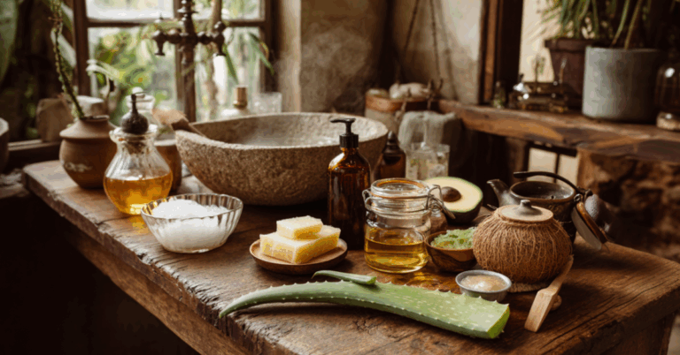 Ingredientes naturais dispostos em mesa rústica de madeira dentro de um banheiro aconchegante, incluindo babosa fresca, óleo em garrafas de vidro, mel, abacate cortado, sabonetes artesanais, coco e sal, com plantas ao fundo e luz suave entrando pela janela.