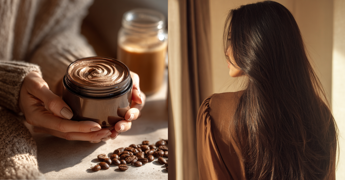 Uma mulher com um pote de creme com café nas mãos e ao lado uma mulher com cabelos lisos compridos e brilhantes