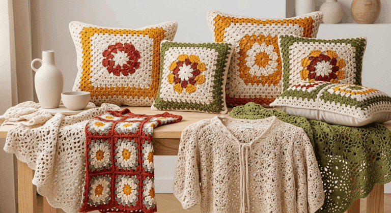 Crie moda e decoração com squares de crochê com gráficos fáceis de copiar!