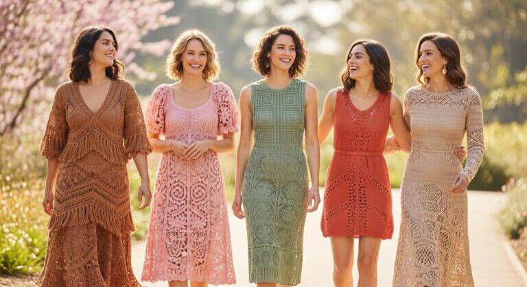 Mulheres sorrindo ao ar livre usando vestidos de crochê modernos e elegantes, em diferentes cores e estilos, representando moda artesanal e autêntica.