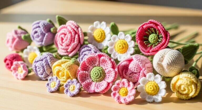 Flores de crochê coloridas e delicadas dispostas sobre uma mesa de madeira clara, simbolizando criatividade, leveza e o charme do artesanato moderno.