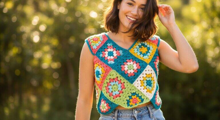 Mulher sorridente usando top de crochê colorido em ambiente ensolarado, representando leveza, estilo e autenticidade artesanal no verão.
