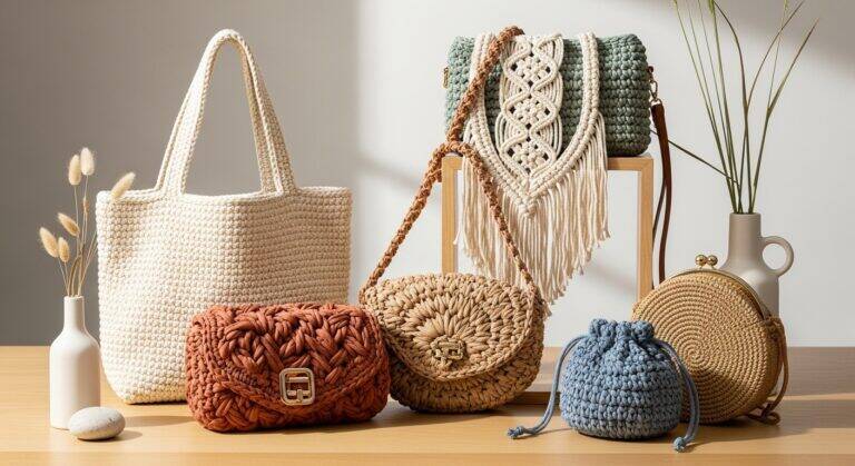 Bolsas de crochê artesanais feitas à mão com fios de algodão e fio de malha, em diferentes estilos e cores, exibindo textura e acabamento delicado sob luz natural suave.