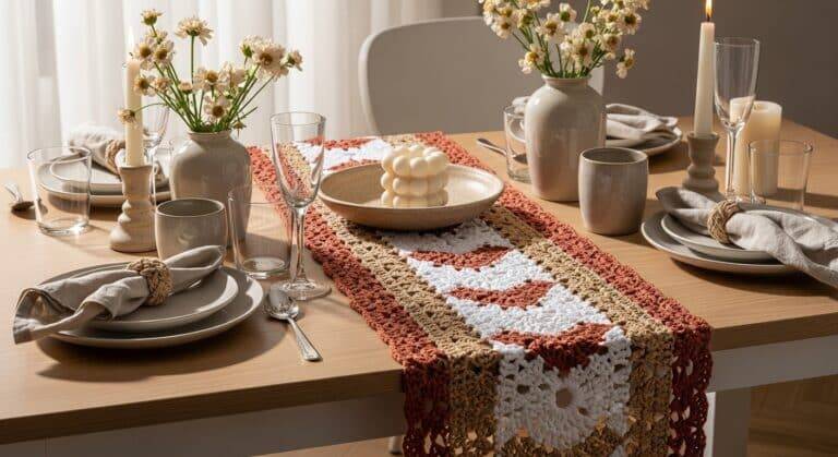 Caminho de mesa de crochê artesanal em tons neutros sobre mesa de madeira, com decoração natural e luz suave, representando tradição e elegância moderna.
