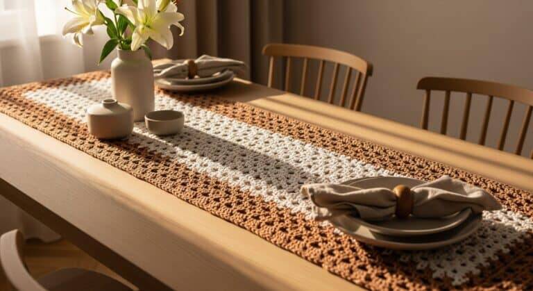 Caminho de mesa de crochê artesanal em tons neutros sobre mesa de madeira, com decoração elegante e luz natural suave.