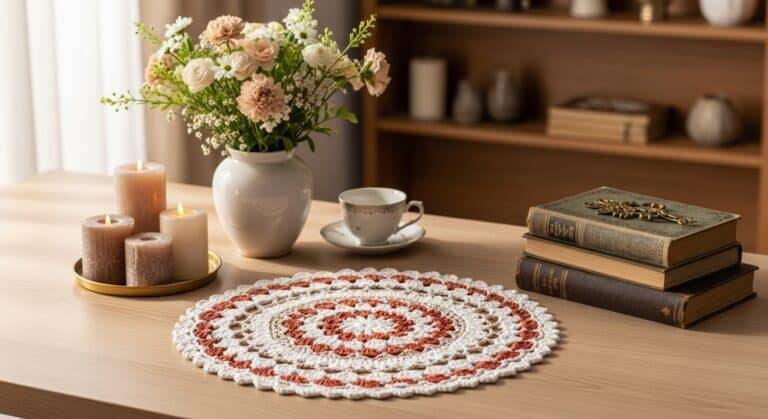 Centro de mesa de crochê artesanal redondo em tons neutros sobre mesa de madeira clara, com decoração delicada e luz natural suave.