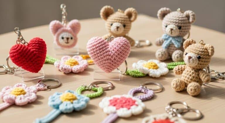 Chaveiros de crochê artesanais coloridos sobre mesa de madeira, com modelos em formato de coração, flor e amigurumi, representando criatividade e delicadeza.