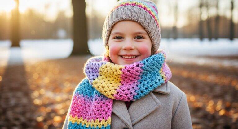 Criança sorridente usando cachecol de crochê colorido feito à mão em ambiente de inverno iluminado por luz natural suave.
