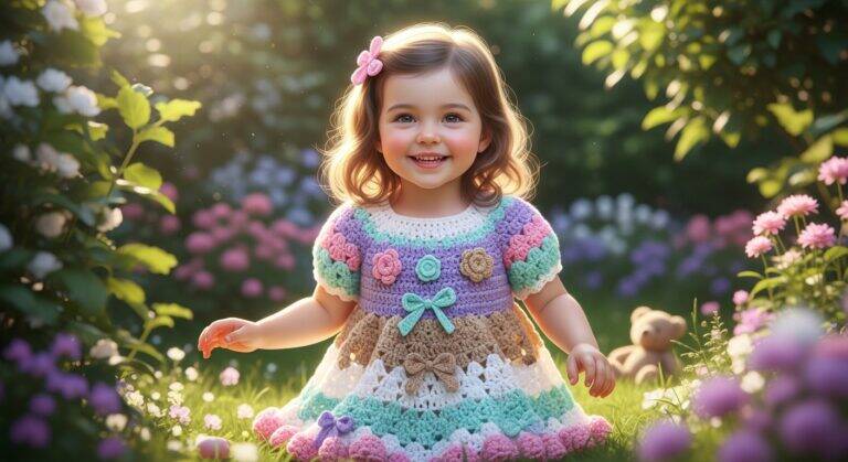 Menina sorridente usando vestido de crochê infantil colorido e delicado, representando ternura, conforto e o charme artesanal do crochê moderno.