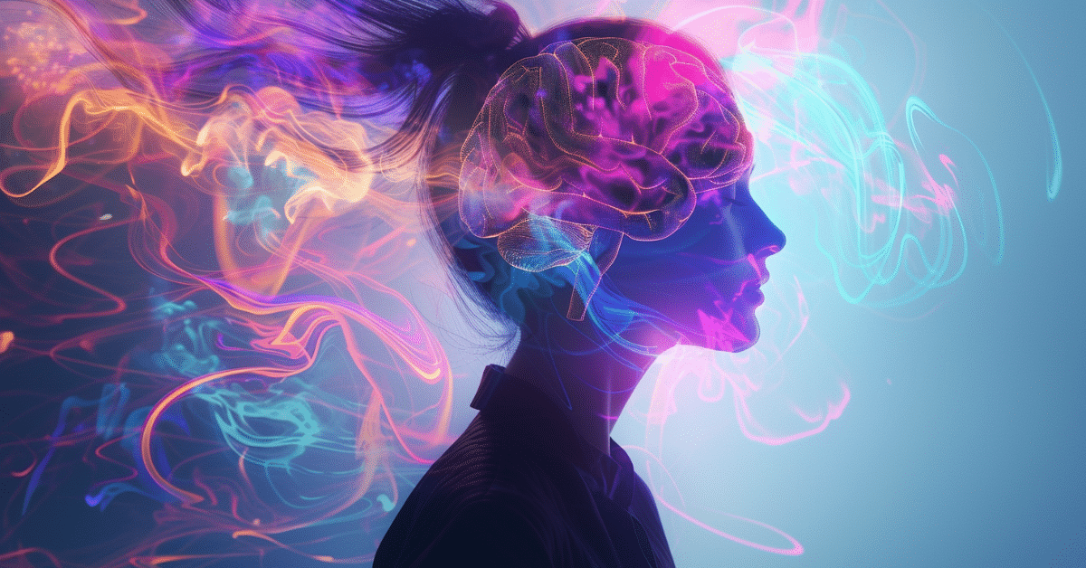 Mulher em silhueta com o cérebro iluminado por cores vibrantes, simbolizando a reconfiguração mental aos 40 anos