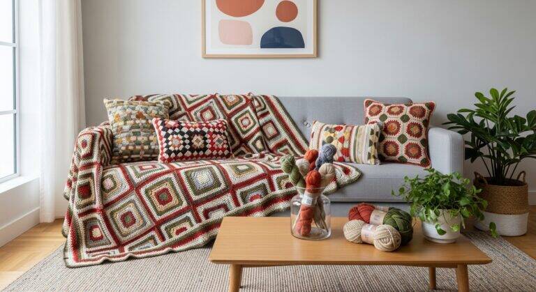 Ambiente moderno com manta e almofadas de crochê contemporâneo, mostrando textura artesanal e design criativo sob luz natural.