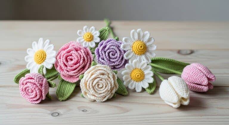 Flores de crochê artesanais coloridas dispostas sobre mesa de madeira clara, com luz natural suave e foco na textura dos pontos.