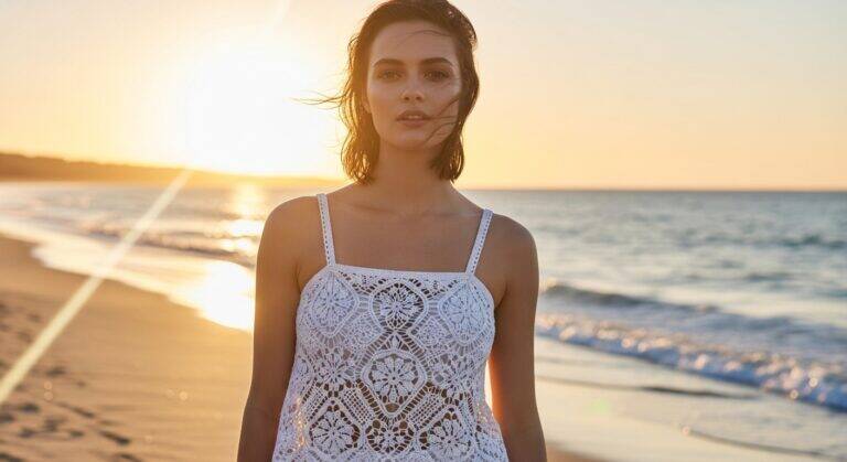 Mulher usando blusa de crochê branca rendada, leve e artesanal, perfeita para o verão.
