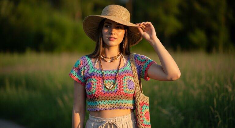 Mulher usando cropped de crochê colorido em estilo boho chic no verão 2025