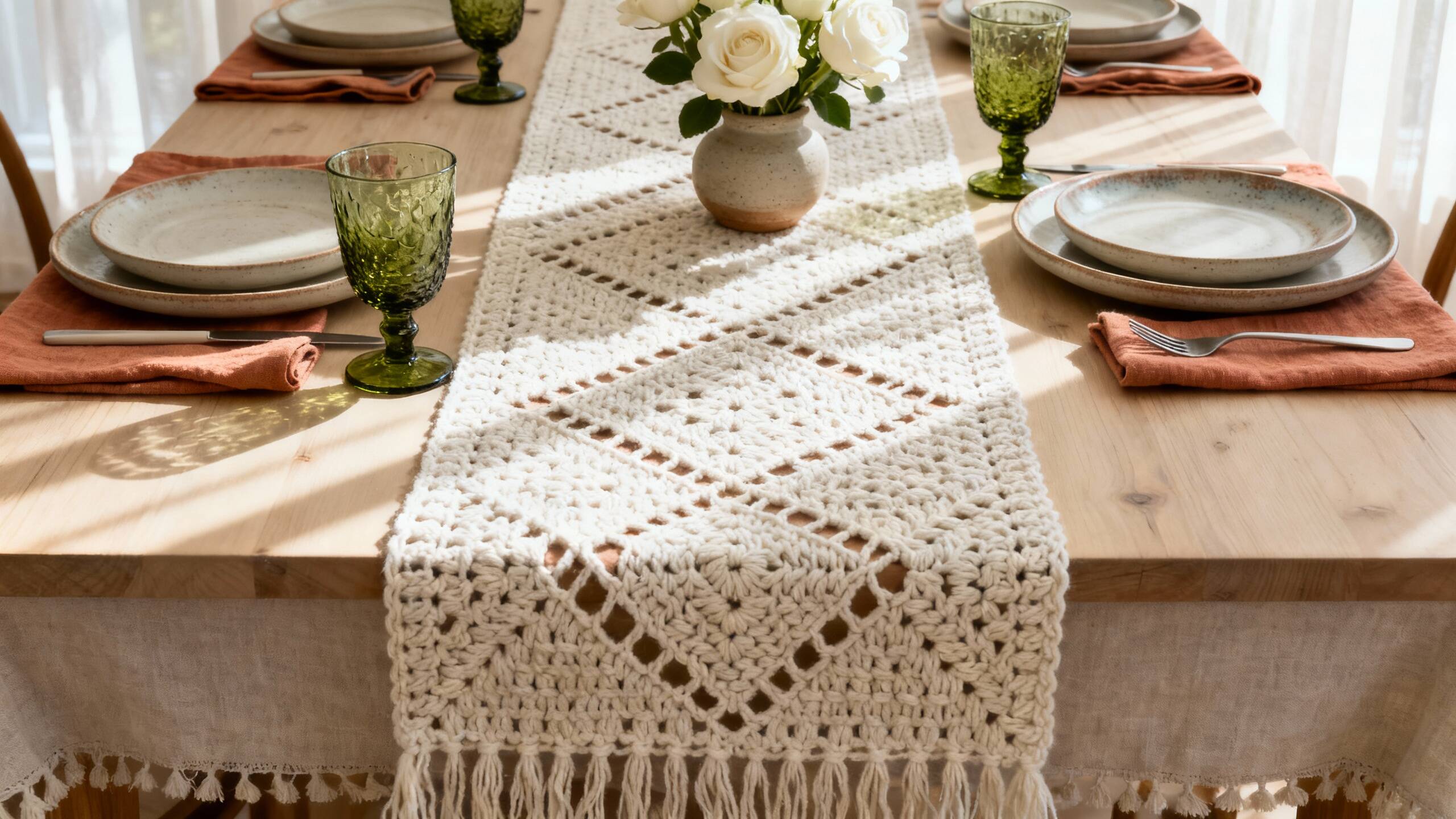 Caminho de mesa de crochê moderno sobre mesa de jantar decorada com flores e louças neutras, representando elegância e charme artesanal.