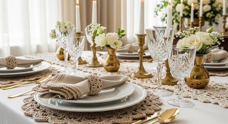 Mesa posta com sousplats de crochê artesanal em tom bege e dourado, com louças brancas e flores.