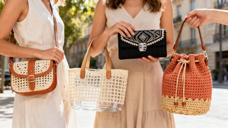 Bolsas de crochê modernas em diferentes estilos e cores neutras, feitas à mão com fios de algodão e acabamentos sofisticados, compondo looks femininos elegantes e versáteis.