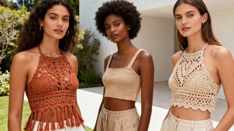 Mulheres usando croppeds de crochê sustentáveis feitos à mão com fios naturais, em tons neutros e terrosos, em ambiente externo iluminado, transmitindo elegância artesanal e moda consciente.
