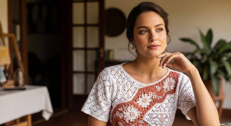 Mulher brasileira usando blusa de crochê artesanal com pontos criativos e gráficos, em ambiente iluminado por luz natural suave.