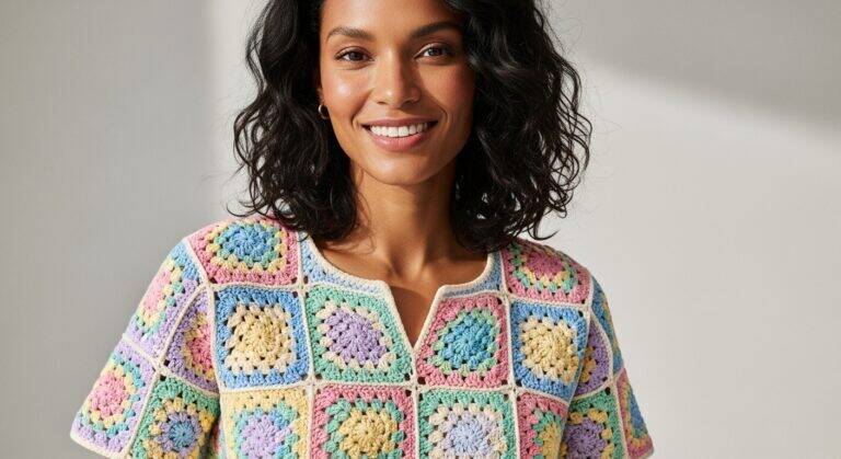 Mulher sorridente vestindo uma blusa de crochê artesanal feita com squares coloridos, em tons pastéis, feita à mão com fios de algodão e acabamento delicado.