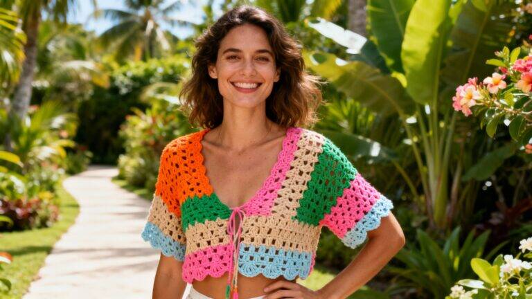 Mulher sorridente usando blusa de crochê colorida em ambiente ensolarado, representando leveza, conforto e estilo artesanal moderno.