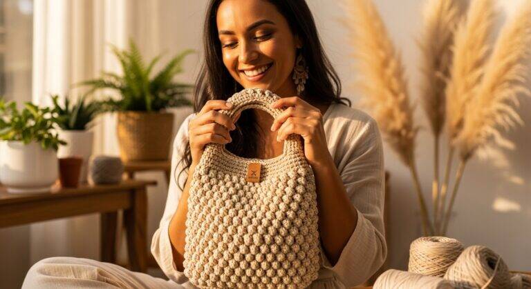 Mulher brasileira sorridente usando bolsa de crochê artesanal bege no ombro, em ambiente iluminado por luz natural.