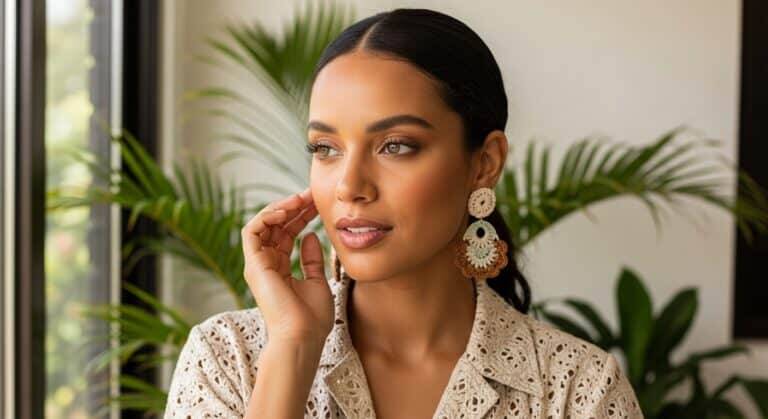 Mulher brasileira elegante usando brincos de crochê sustentável feitos à mão com fios ecológicos, representando moda consciente e autenticidade artesanal.
