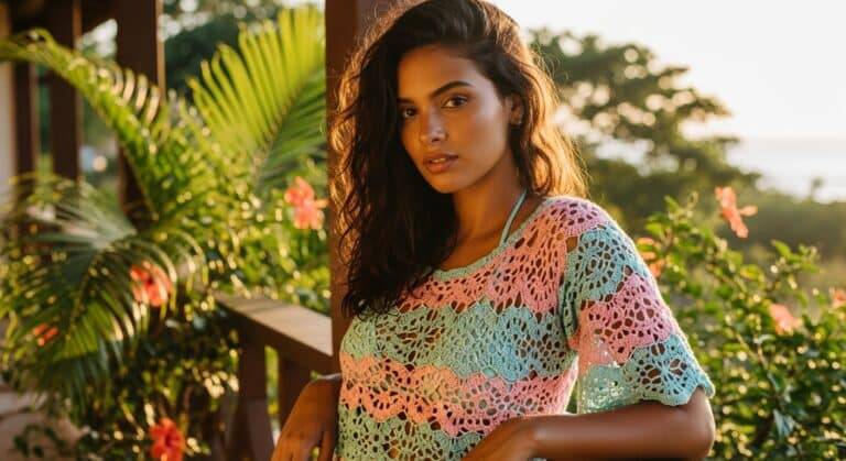 Mulher brasileira usando blusinha de crochê artesanal em tons claros, em ambiente ensolarado, representando leveza, conforto e estilo natural.