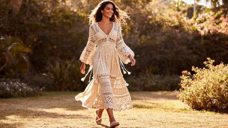 Mulher brasileira sorridente usando vestido de crochê longo e delicado em tom claro, caminhando ao ar livre sob luz natural.