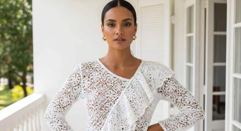 Mulher brasileira usando blusa de crochê branca feita à mão, em ambiente iluminado por luz natural suave, representando elegância e estilo artesanal atemporal.