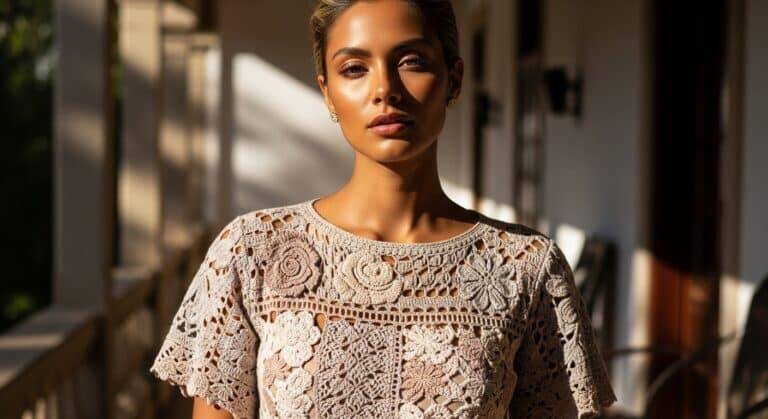 Mulher brasileira usando blusa de crochê artesanal com pontos criativos em ambiente natural, representando elegância, autenticidade e moda sustentável.