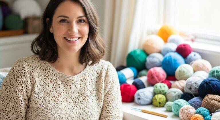 Mulher sorridente usando blusa de crochê artesanal clara, sentada em ambiente iluminado com novelos e agulha de crochê ao lado.