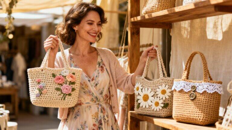 Bolsa de crochê artesanal com flores aplicadas em tons suaves, representando o equilíbrio entre romantismo, estilo e moda artesanal contemporânea.
