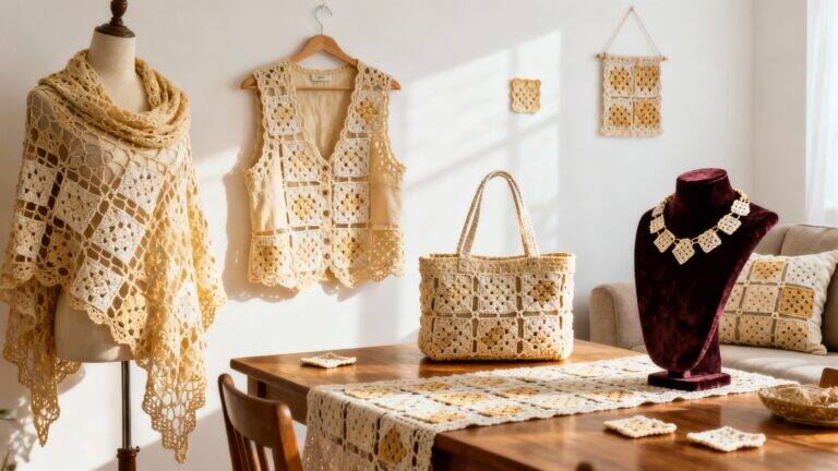 Squares de crochê coloridos e artesanais dispostos sobre uma mesa, com diferentes padrões e texturas, mostrando a variedade e a criatividade das peças feitas à mão.