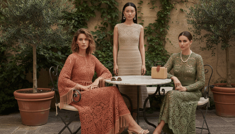 Mulheres usando vestidos de crochê artesanais em tons neutros e suaves, feitos à mão com fios naturais, exibindo leveza, conforto e estilo boho contemporâneo em ambiente iluminado.