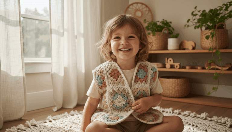 Criança sorridente usando colete de crochê artesanal em ambiente natural e iluminado, transmitindo alegria, conforto e charme artesanal.