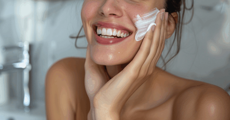 Mulher de mais ou menos 30 anos cuidando da pele facial