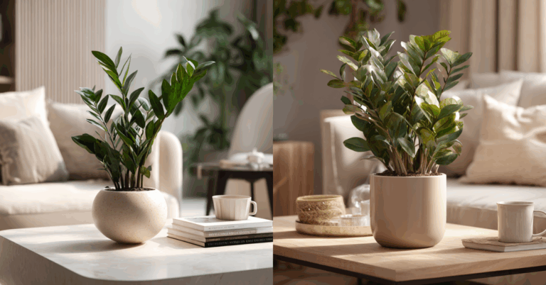 Montagem com duas imagens de vasos de Zamioculca na decoração de uma sala