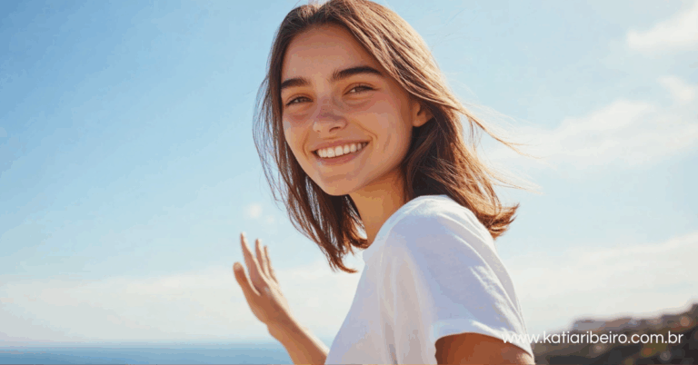 Mulher jovem sorridente ao ar livre, — imagem transmite leveza, autoconfiança e bem-estar, representando o resgate da autoestima.