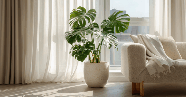 Imagem gerada por IA da planta costela-de-adão na decoração de uma sala