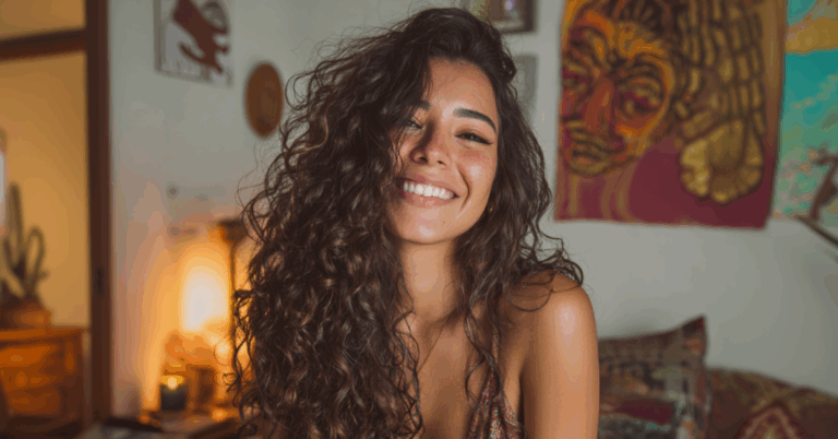 Imagem gerada por IA de Mulher com cabelos cacheados representando cabelo tratados com cronograma capilar
