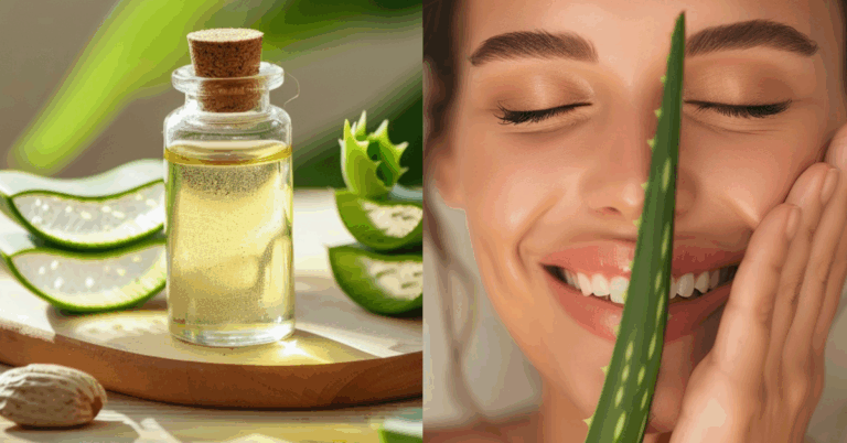 Frasco de óleo de amêndoas ao lado de folhas frescas de babosa e mulher sorrindo com a pele iluminada, destacando os benefícios da máscara facial caseira que hidrata e estimula a produção de colágeno.