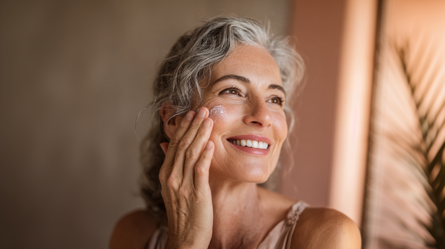 Mulher com 50 anos em média passando hidratante facial como gesto de autocuidado para fortalecer a autoestima